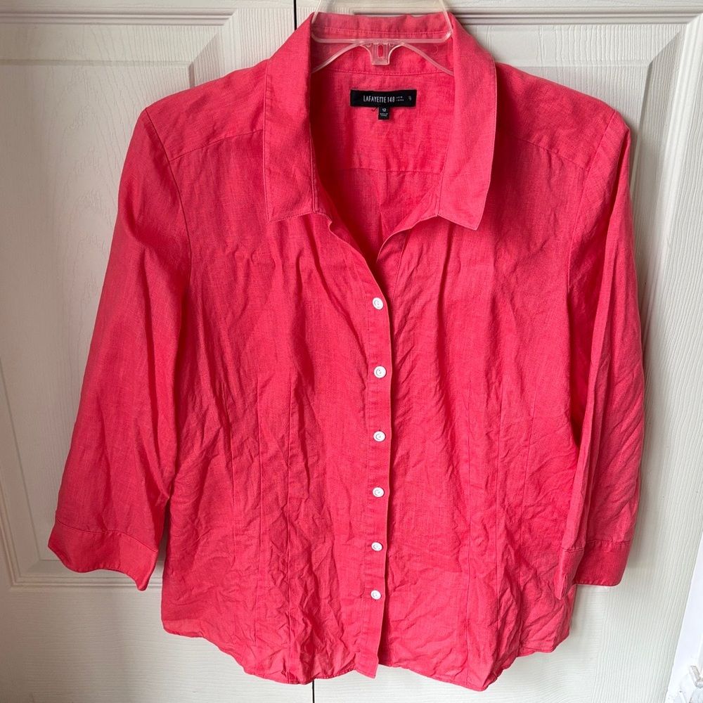 Lafayette 148 Women’s 100% Linen Coral Pink Button-Down 3/4 Sleeve Shirt 12 Euc